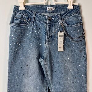 Cache Novelty Denim Rhinestone Straight Leg Jeans with Chain Detail Size 4 NWT